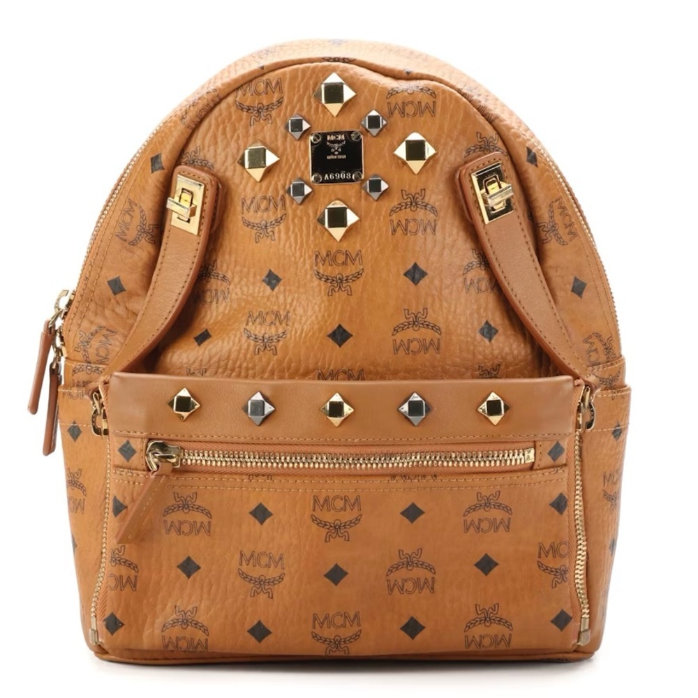 Authentic MCM Retro Dual Stark Backpack in Cognac Visetos Coated Canvas/ Leather